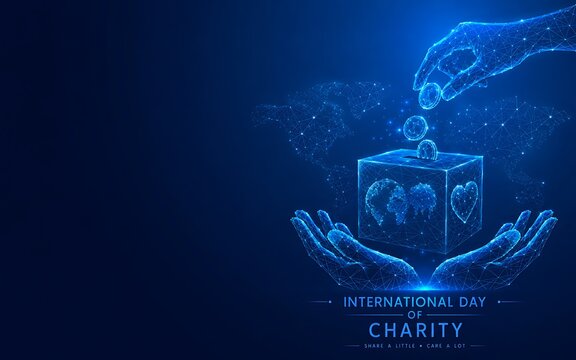 Abstract wireframe donation box with heart and helping hands.international day of charity donation philanthropy wireframe technology illustration.international day of charity