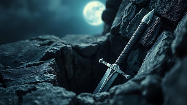 A medieval knight's longsword plunged into a stone crevice, gleaming under moonlight.