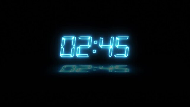 Abstract neon LED timer for 3 minutes countdown with reflection count animation on a black screen. Neon Cyan digital number clock with reflection.