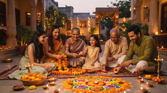 Joyful multi-generational Indian family celebrates a traditional festival of lights outdoors, creating vibrant rangoli and illuminating diyas, fostering unity and cultural heritage