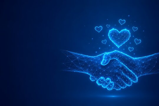 Polygonal wireframe of shaking hands and hearts concept.international day of charity with handshake cooperation business partnership agreement donation.international day of charity