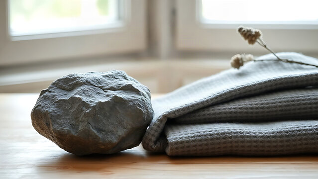 Textured diorite stone and folded grey wool sweater on oak desk, dried botanical stem, quiet preparation and trust concept