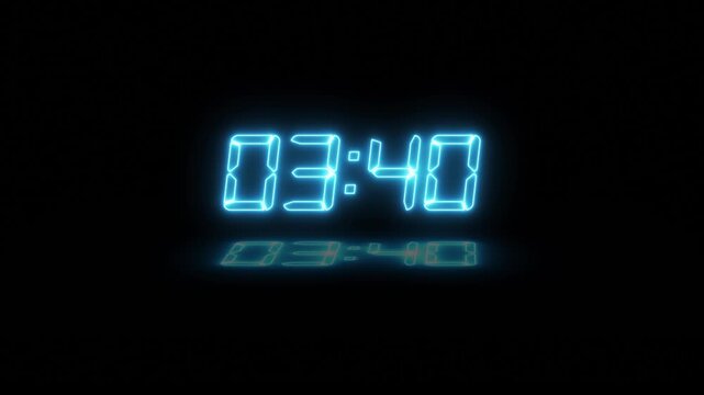 Abstract neon LED timer for 4 minutes countdown with reflection count animation on a black screen. Neon Cyan digital number clock with reflection.