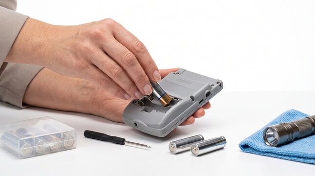 Close-up of hands performing maintenance on a portable electronic device, carefully cleaning battery compartment with a small brush