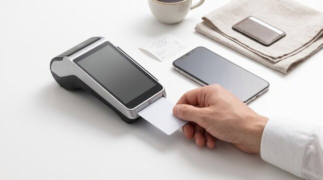 Hand inserting card into modern credit card terminal for digital payment transaction