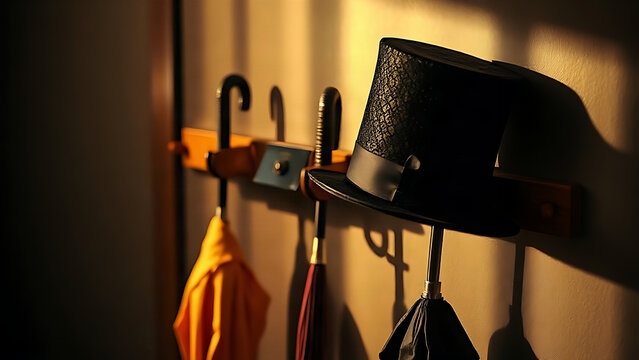 Top hat and umbrella on mahogany coat rack.