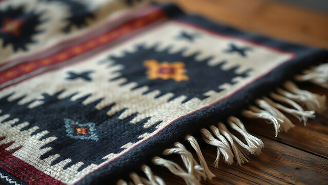 Close-up of a Native American-style saddle blanket with geometric patterns on a wooden surface.