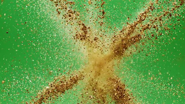 Fine sand explosion with particles in slow motion against a green screen background
