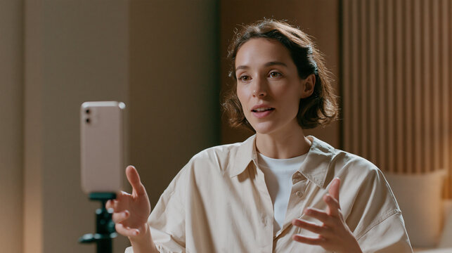 Content creator recording a video with smartphone camera, young woman speaking to audience in modern home studio for social media