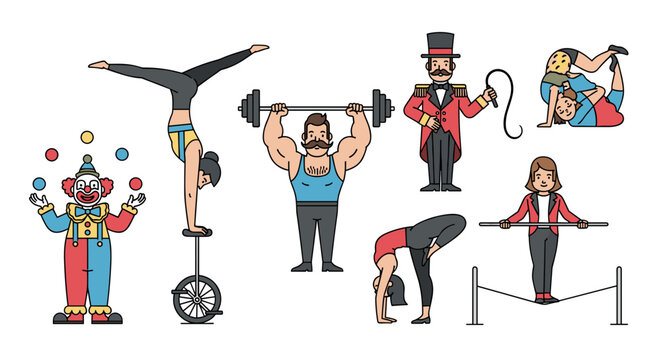 Circus Performers and Acrobats Vector Illustration Set