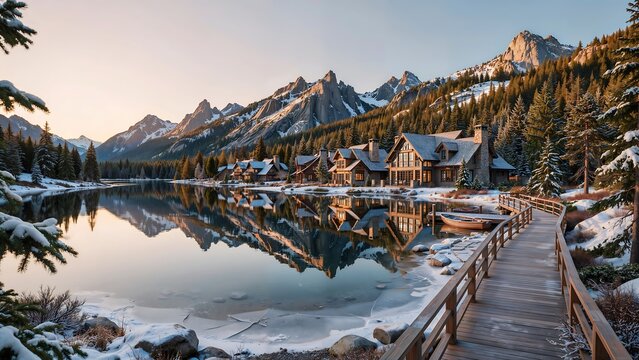  A majestic mountain range reflecting in icy water near a quaint alpine village.