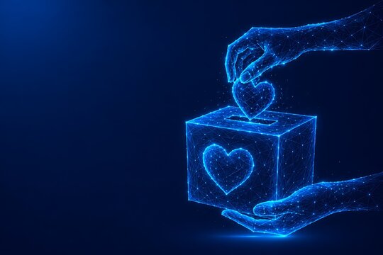 Digital wireframe graphic of hands putting a heart into a donation box symbolizing generosity.international day of charity with donation, philanthropy.international day of charity