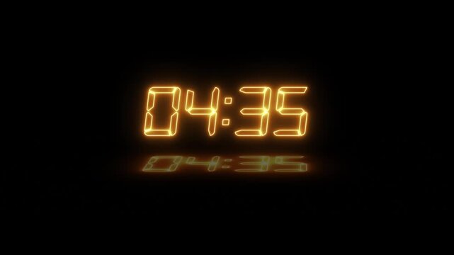 Abstract neon LED timer for 5 minutes countdown with reflection count animation on a black screen. Neon orange digital number clock with reflection.