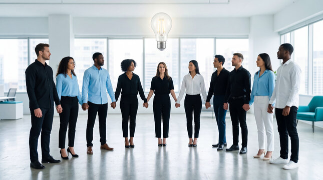 Diverse team holding hands in circle looking at glowing lightbulb, modern office with windows, collaborative innovation, teamwork, business meeting, corporate culture, brainstorming session, idea