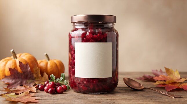 Cranberry sauce in jar with autumnal pumpkins and leaves on wooden table Thanksgiving