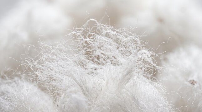 Macro view of raw fluffy white cotton fibers with delicate loose wispy threads