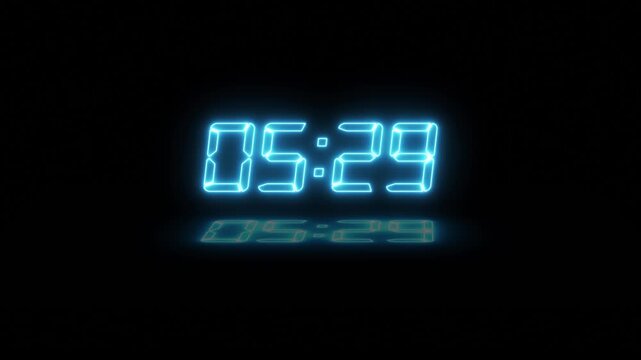 Abstract neon LED timer for 6 minutes countdown with reflection count animation on a black screen. Neon Cyan digital number clock with reflection.