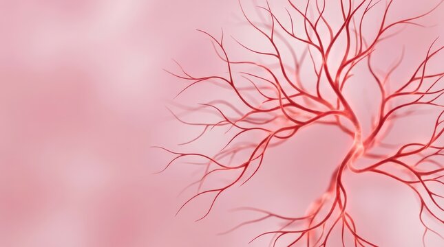 Branching red blood vessels on soft pink background
