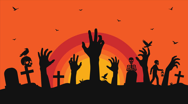 Spooky halloween graveyard silhouette with rising zombies and tombstones at sunset