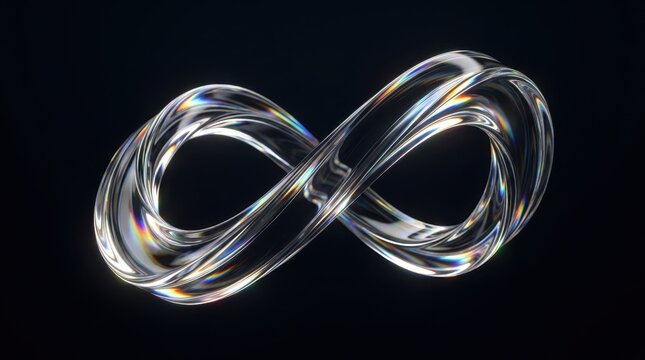 Glass infinity symbol with refraction on dark background