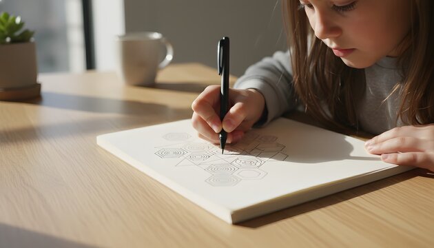 Little girl drawing geometric patterns in sketchbook at a wooden table for art education and creative development concept with natural warm lighting
