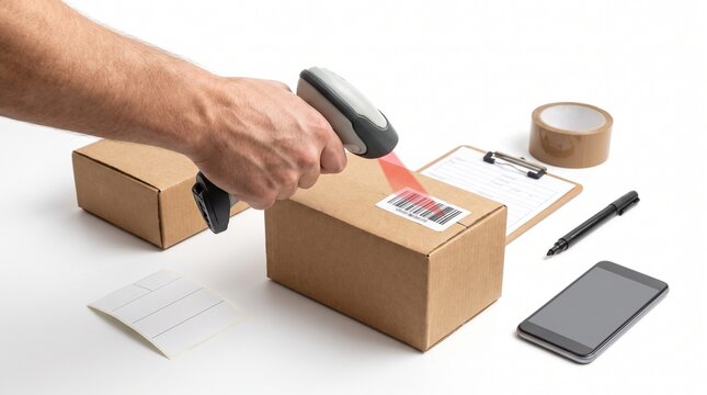 Warehouse worker scanning package with barcode reader for shipping and logistics