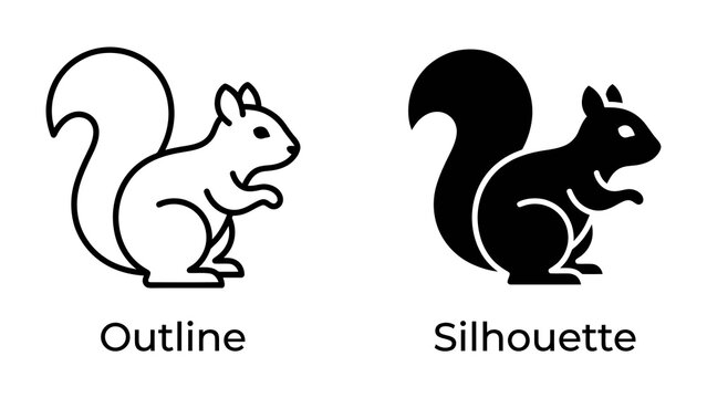 Squirrel Icon Set: A pair of stylized squirrel illustrations, one a clean outline and the other a solid silhouette, representing a versatile graphic resource.