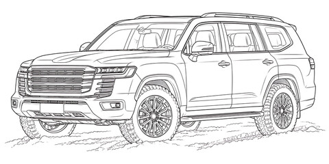 Fototapeta premium snow, suv, vehicle, car, winter, automotive, vector, line art, black and white, line drawing, off road, 4x4, illustration, transportation, rugged, sport utility vehicle, snow covered, winter driving, 