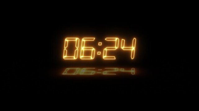 Abstract neon LED timer for 7 minutes countdown with reflection count animation on a black screen. Neon orange digital number clock with reflection.