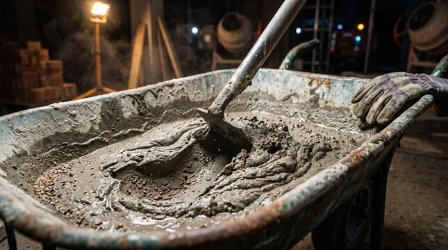 Construction worker mixing concrete in wheelbarrow at night  