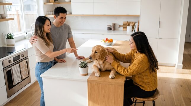 Smiling young Asian couple interacts with their friendly golden retriever dog while standing together inside a bright modern kitchen space