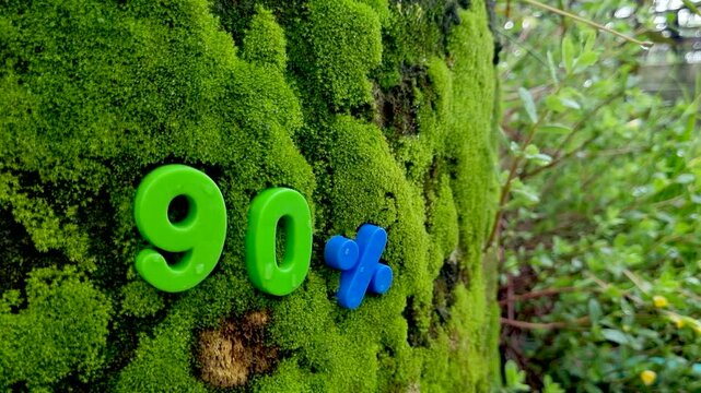Green ninety percent symbol set on mossy tree trunk percentage number moss nature bark