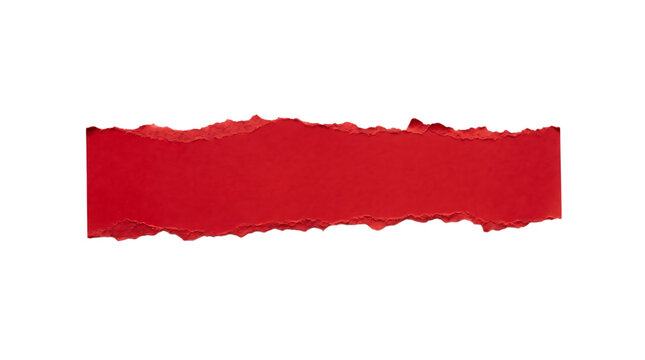 A horizontal strip of bright red torn paper with rough edges presented as an isolated on transparent background