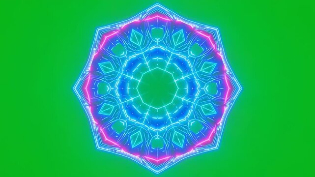 Geometric mandala blooming with neon pink and cyan hues during a digital animation against a chroma key green background