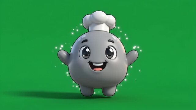 Cute cartoon character chef with a chef's hat and sparkling magic on a green background.