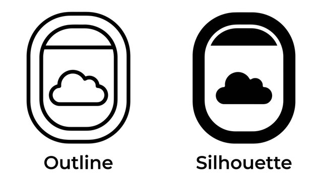 Airplane Window Icon: Two contrasting icons, an outline and a silhouette, depict an airplane window with a stylized cloud visible through it, symbolizing travel and aerial views.