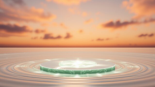 Glowing platform floats above water. Sunset sky provides warm backdrop. Ripples radiate from central point. Minimalist design.
