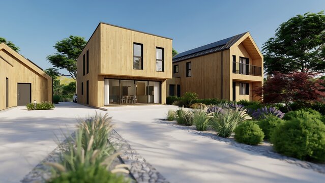  modern, wood-clad residential homes featuring large windows,