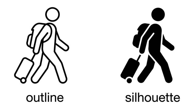 Traveler's Journey: An icon representing a traveler with a backpack and rolling suitcase, depicted in both outline and silhouette styles, signifies the concept of journey and exploration.