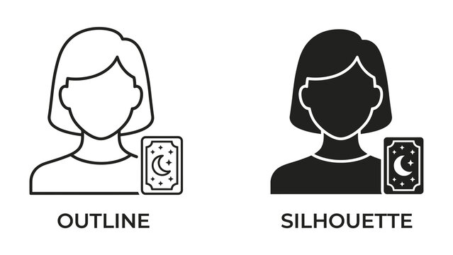 Tarot Card Reading Icons: A minimalist set of icons representing a person and a tarot card, presented in both outline and silhouette styles, perfect for divination or spiritual guidance services.
