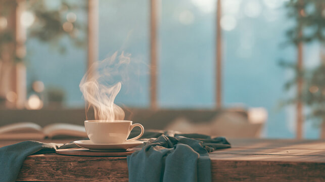 Warm cup of coffee with steam beside an open book on a wooden table in a cozy morning interior