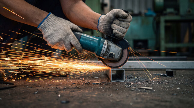 Worker using angle grinder cutting metal pipe with worker wearing protective