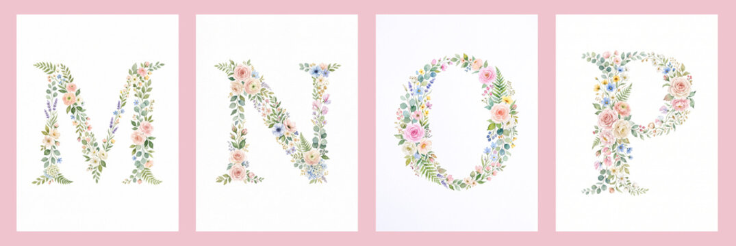 Watercolor floral alphabet letters M N O P with botanical flowers and greenery
