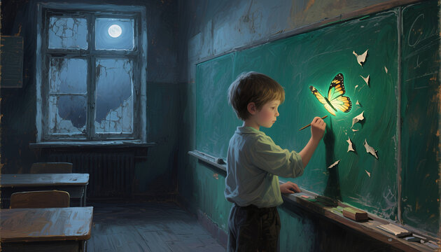 Young boy painting a butterfly on a blackboard in an old classroom  