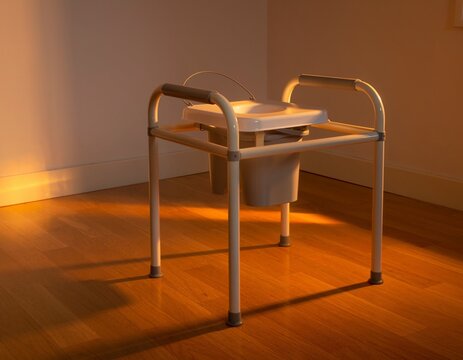 White tubular bedside commode chair standing on a wooden bedroom floor in evening light