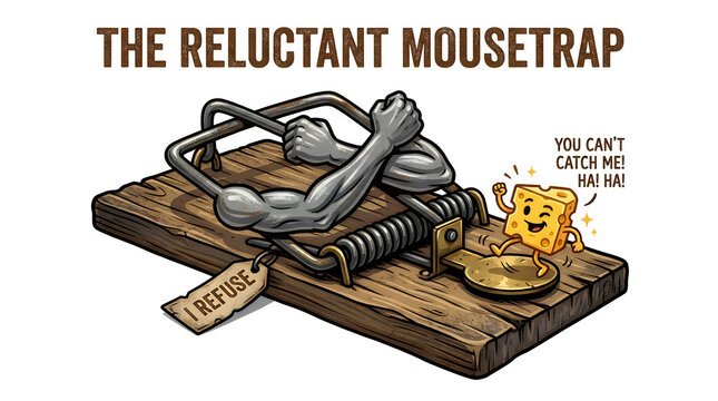 Cartoon mouse in toy steam train escaping mousetrap