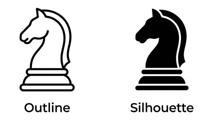 Chess Knight Icon: A graphic representation of a chess knight piece, presented in both outline and silhouette forms, symbolizing strategy and tactical thinking. © Ashraful