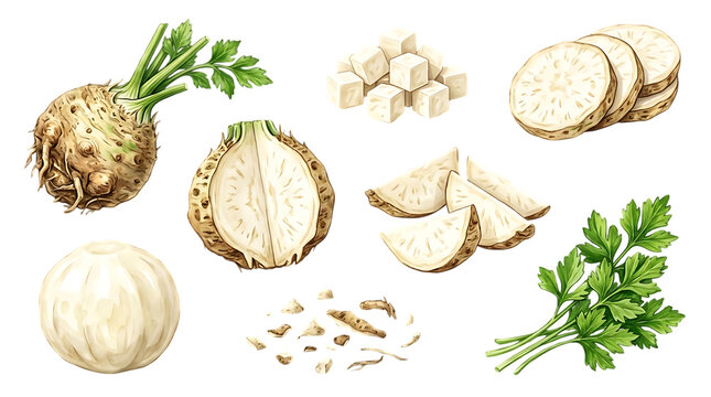 Watercolor celeriac root set, botanical celery root illustrations, fresh organic turnip-rooted celery elements for culinary design