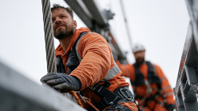Bridge inspection engineer and a colleague moving carefully along a suspension crossing access walkway in winter rain, one pausing to brace against a support cable, both wearing