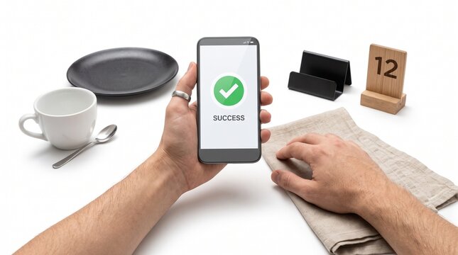 Smartphone displaying successful booking on restaurant table setting